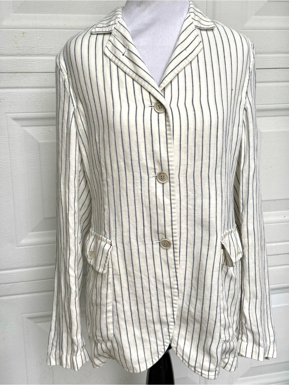 INES DE LA FRESSANGE Paris Blazer Jacket Uniqlo Ivory Blue Pinstripe Women Small